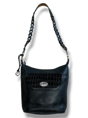 Brighton Black Pebble Leather Crossbody with Croc-Embossed Flap and Heart Charm